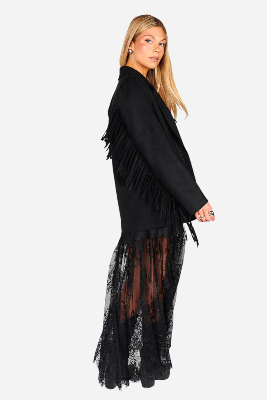Show Me Your Mumu Sierra Fringe Jacket in Black Faux Suede