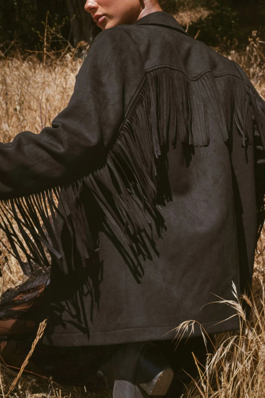Show Me Your Mumu Sierra Fringe Jacket in Black Faux Suede