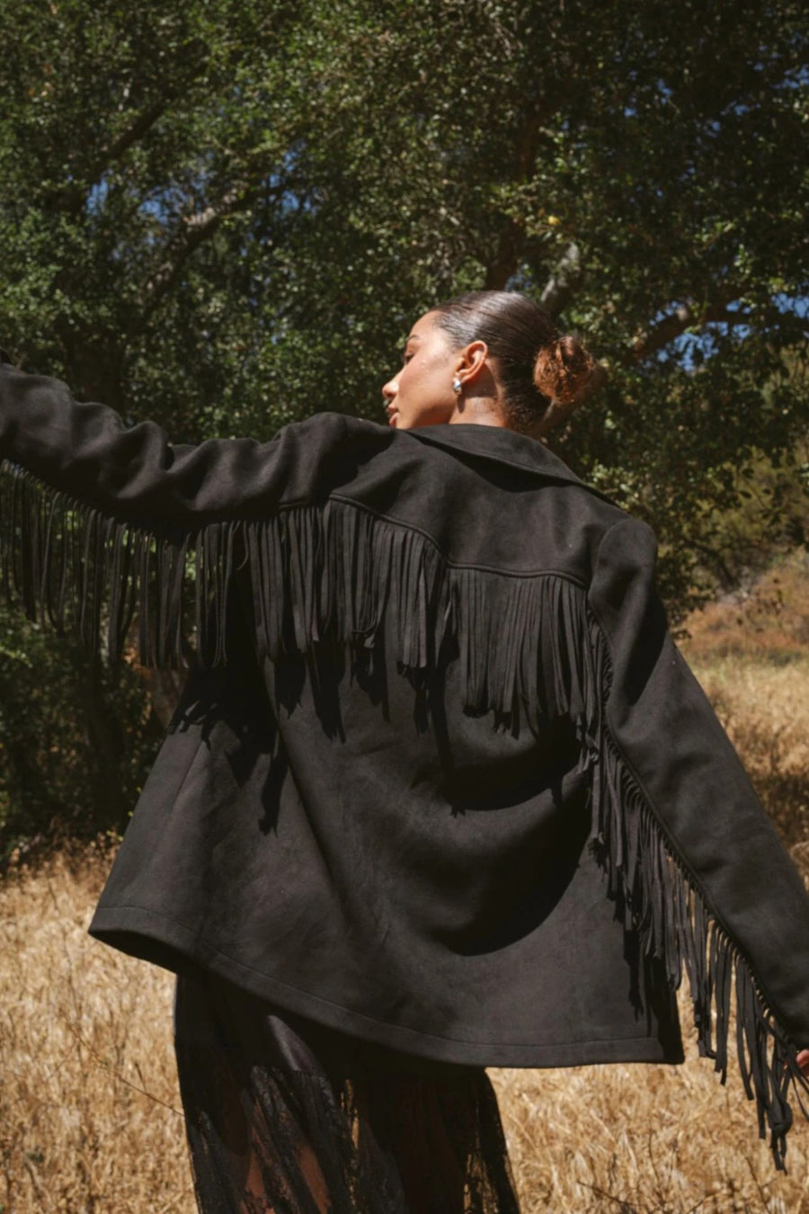 Show Me Your Mumu Sierra Fringe Jacket in Black Faux Suede