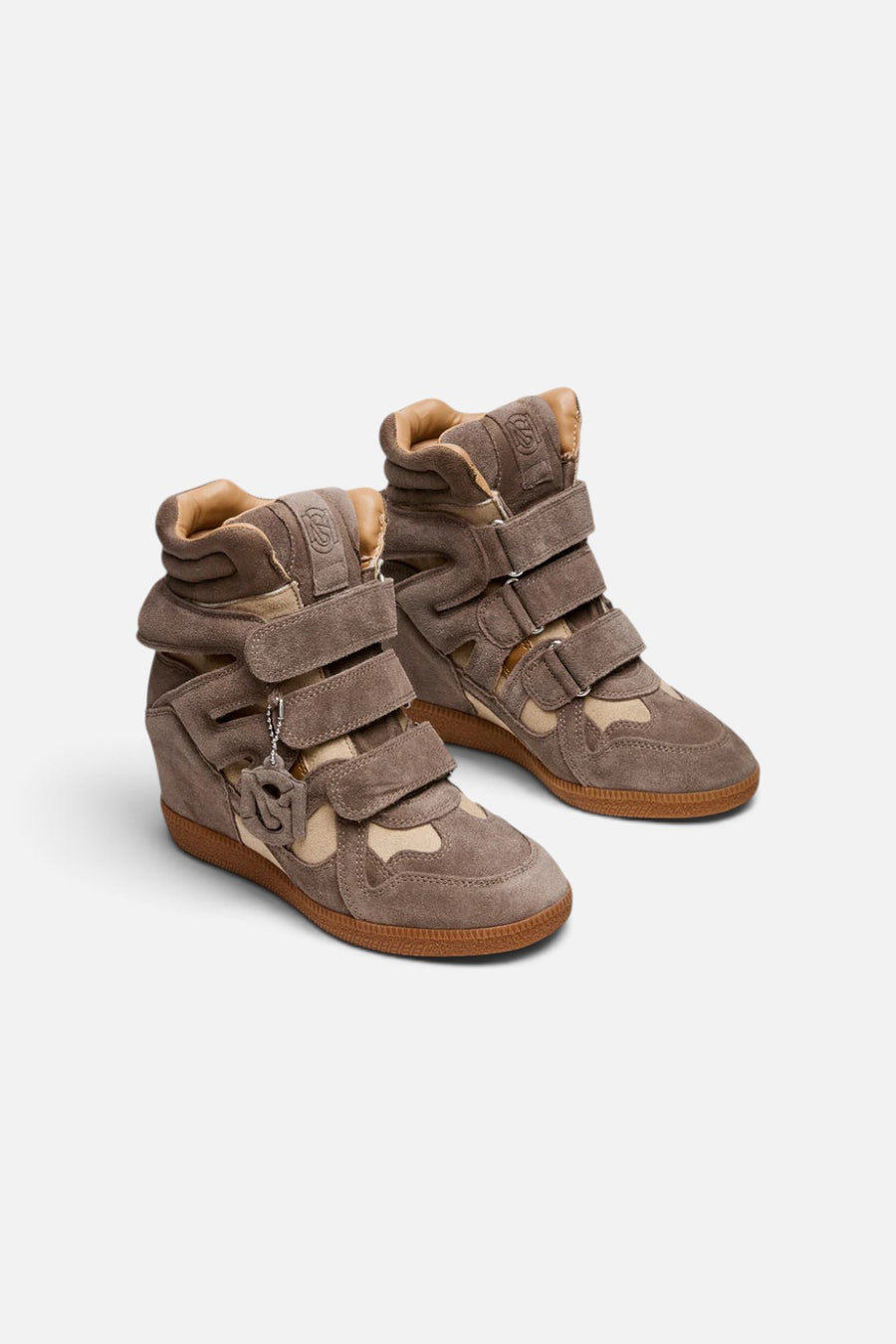 Steve Madden Mavis high-top wedge sneaker in taupe suede with Velcro closure.