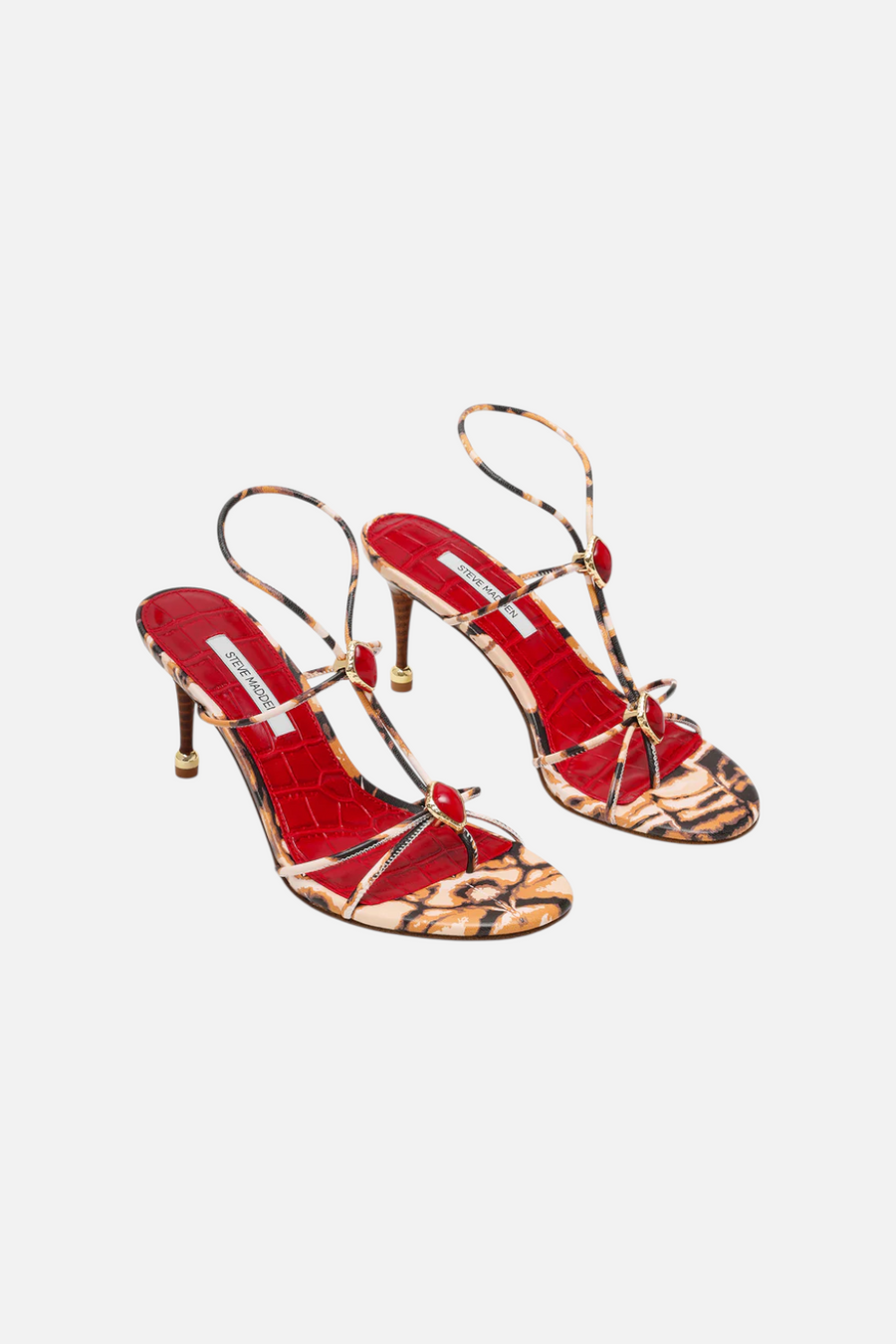 Steve Madden Ramos-Stone Heeled Sandal in Red and Brown Print