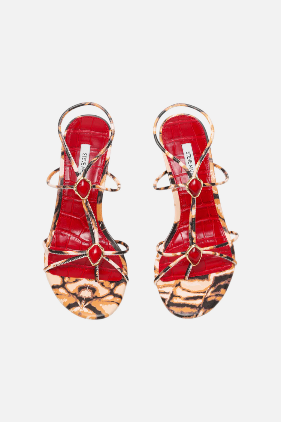 Steve Madden Ramos-Stone Heeled Sandal in Red and Brown Print