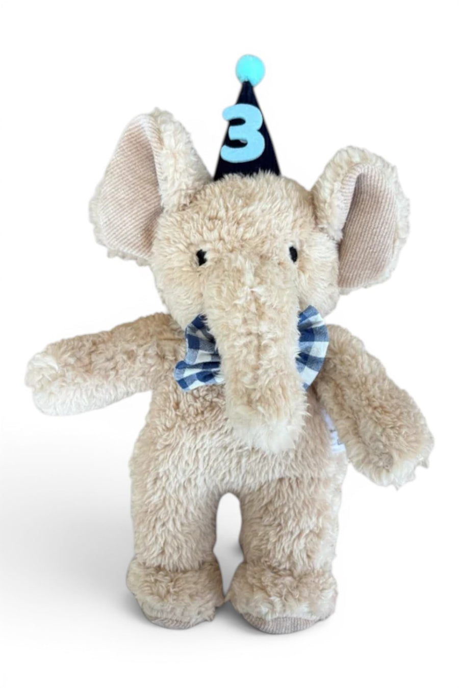 The Little Dog Laughed Harold the party elephant plush toy, front view.