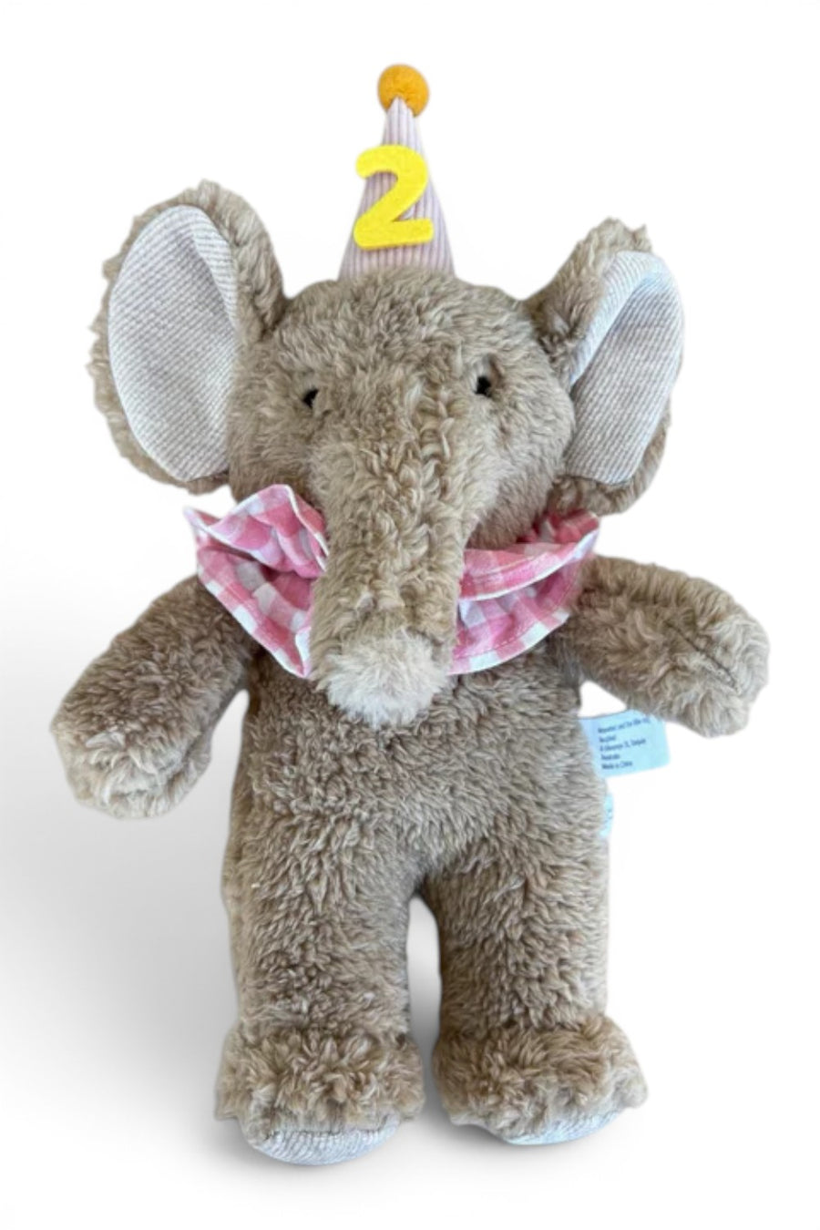 The Little Dog Laughed Priscilla the party elephant plush toy, front view.