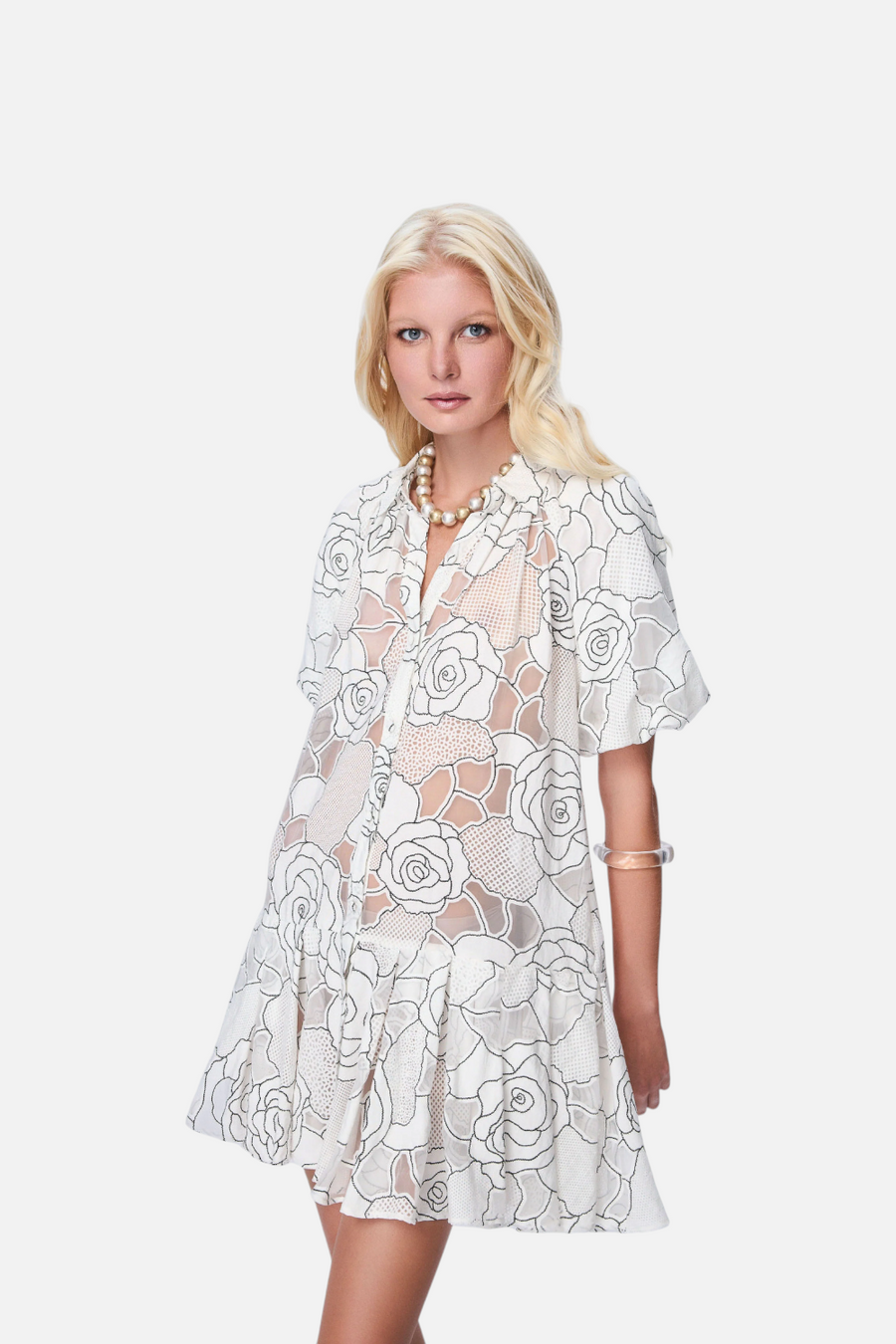 Theo the Label Ourania Puff Sleeve Shirtdress in Ivory and Black
