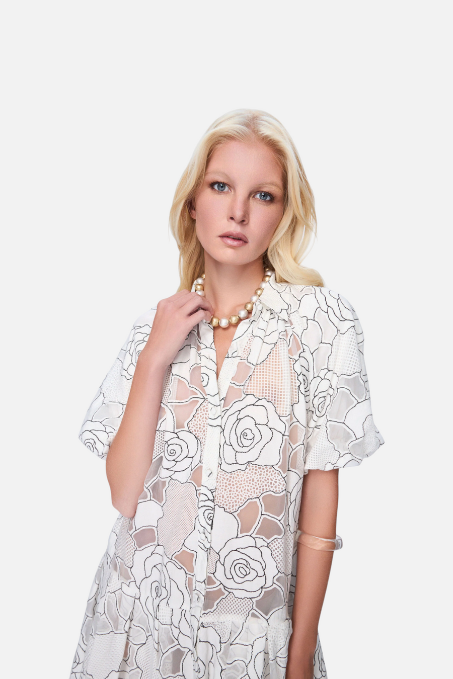 Theo the Label Ourania Puff Sleeve Shirtdress in Ivory and Black