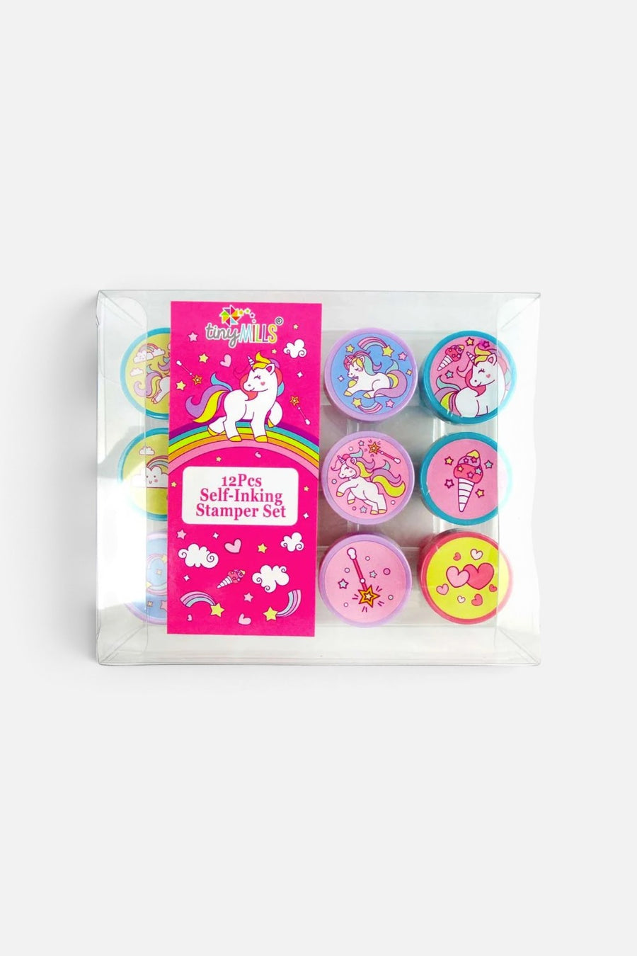 Tiny Mills Unicorn Stamp Kit, colorful self-inking unicorn stampers in a clear reusable box.