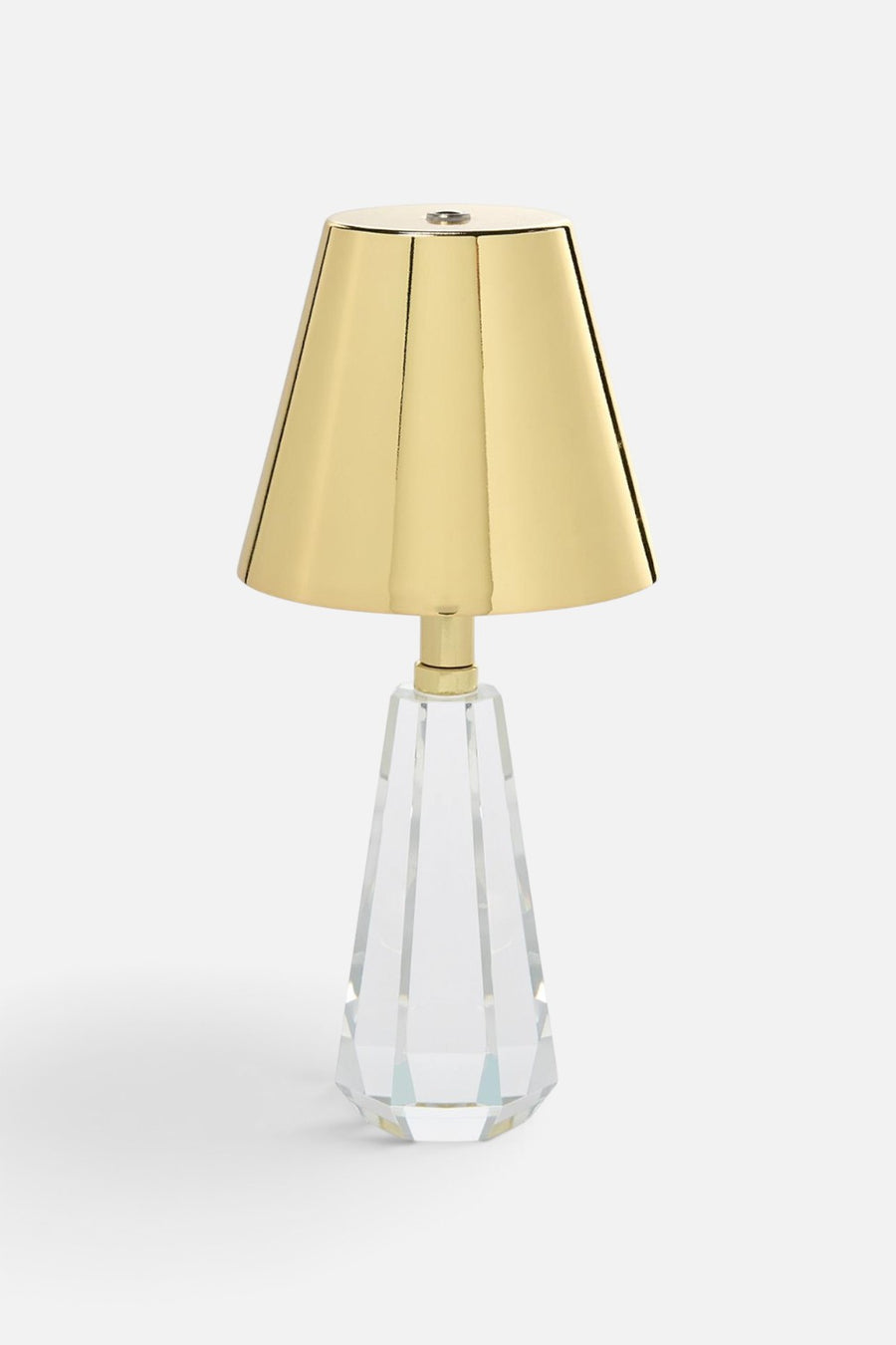 Two's Company gold crystal cordless table lamp with faceted glass base and gold metallic shade.