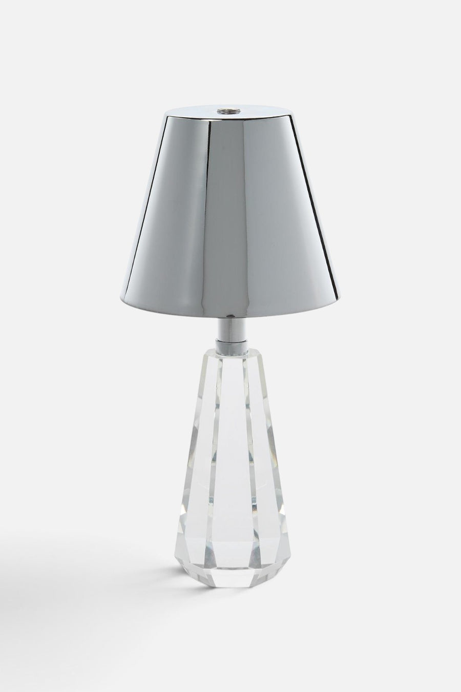 Two's Company silver crystal cordless table lamp with faceted glass base and silver metallic shade.