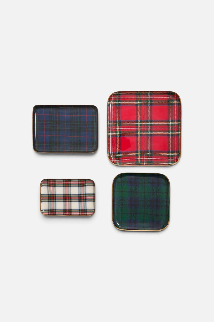 Two's Company tartan metal tray in Royal Stewart plaid with glossy enamel finish.