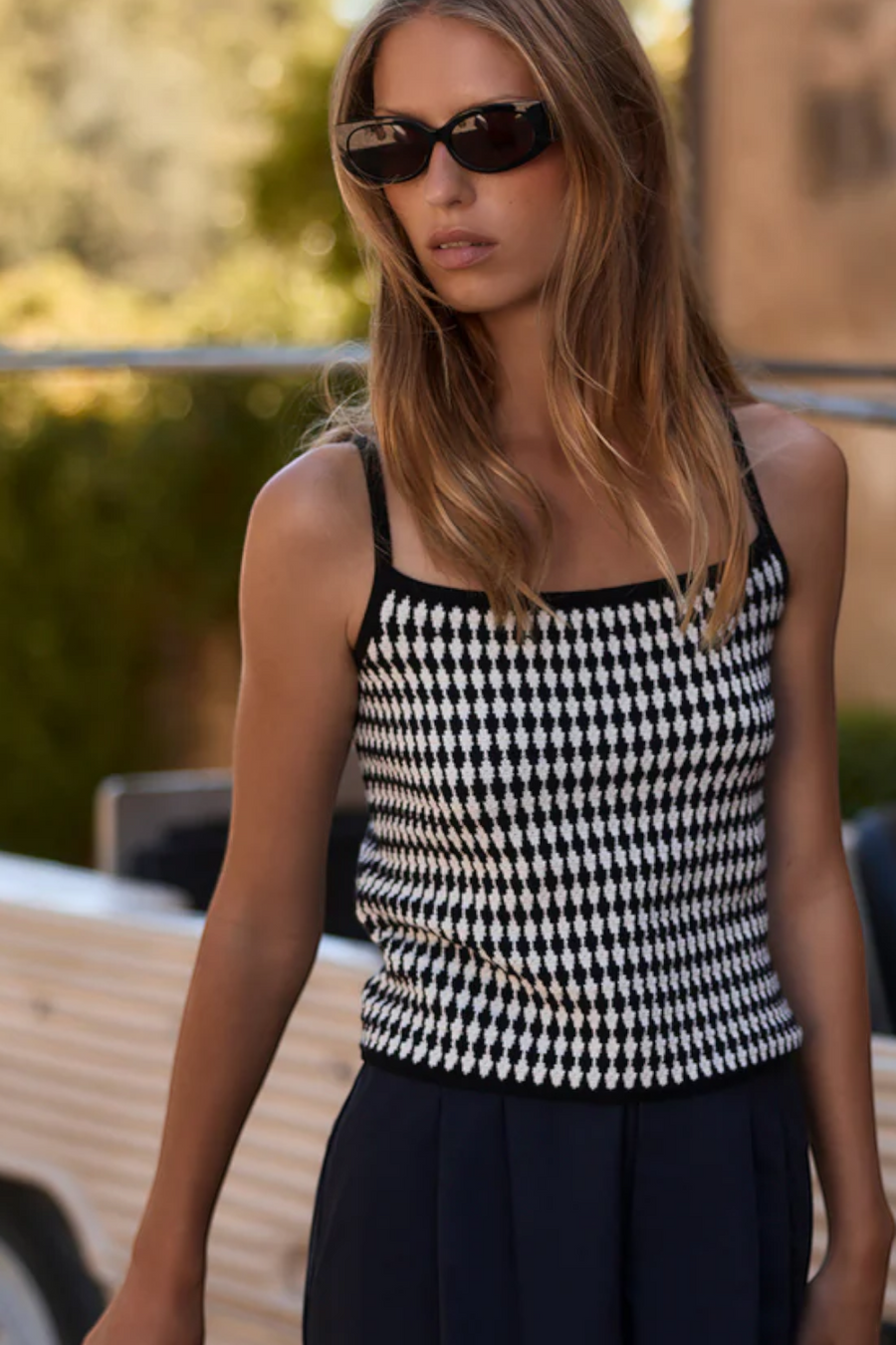 Varley Jared Knit Top in Black and Egret