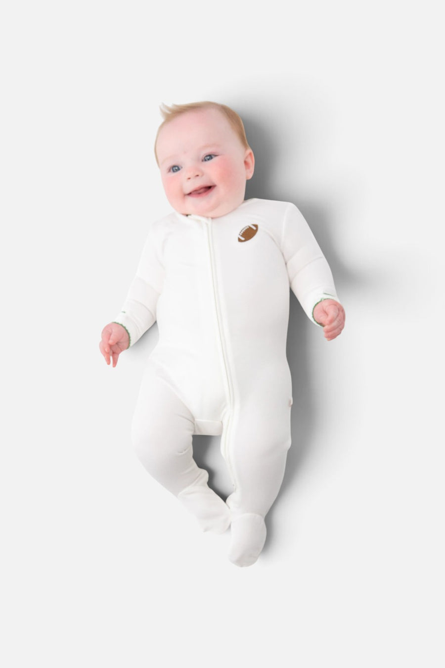 Goosies white bamboo footed zip romper with varsity football embroidery and picot trim.