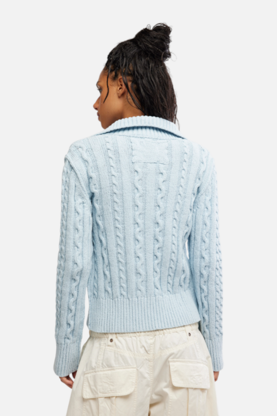Free People Cable Collar Cardi in Pastel Blue
