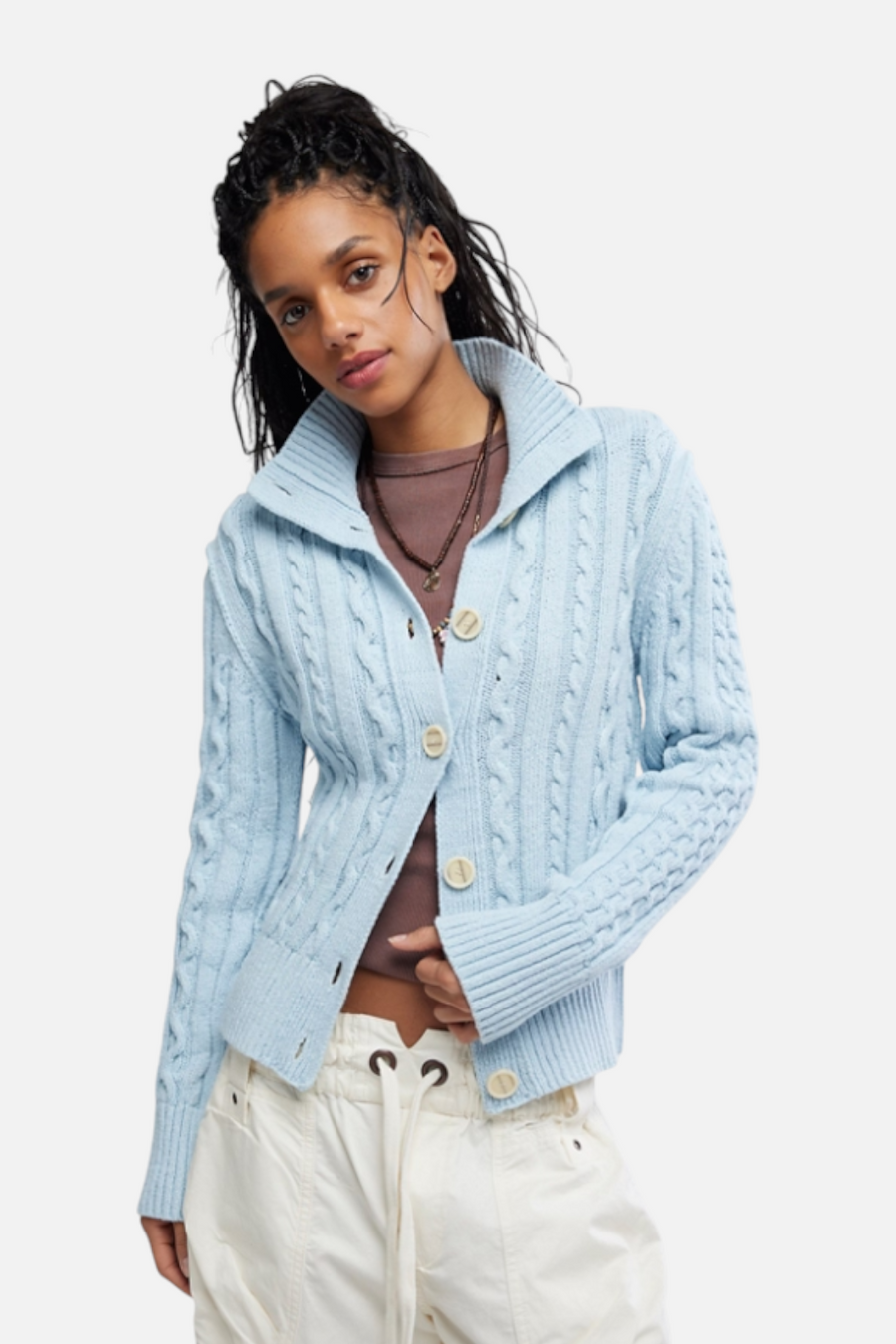 Free People Cable Collar Cardi in Pastel Blue