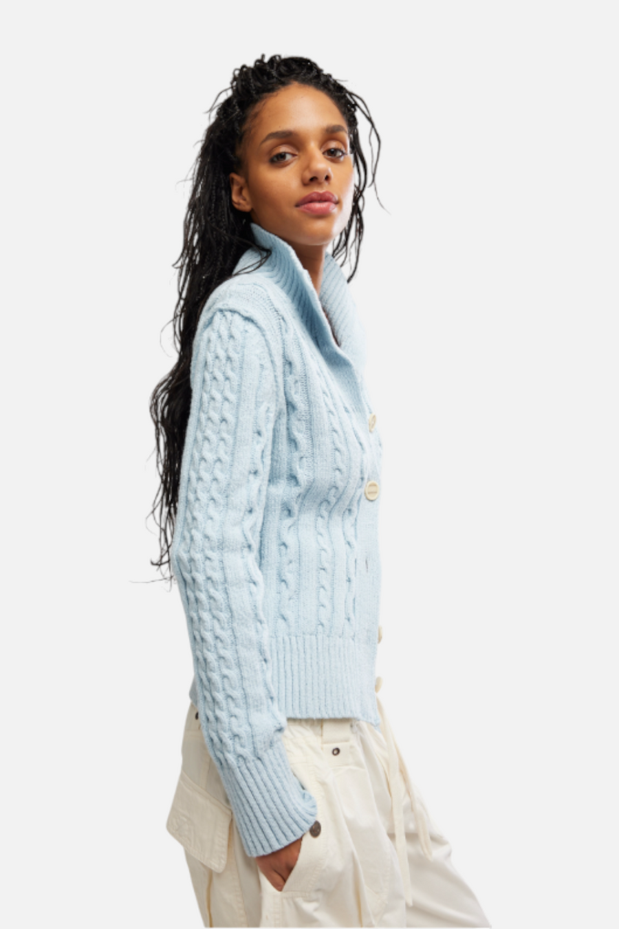 Free People Cable Collar Cardi in Pastel Blue