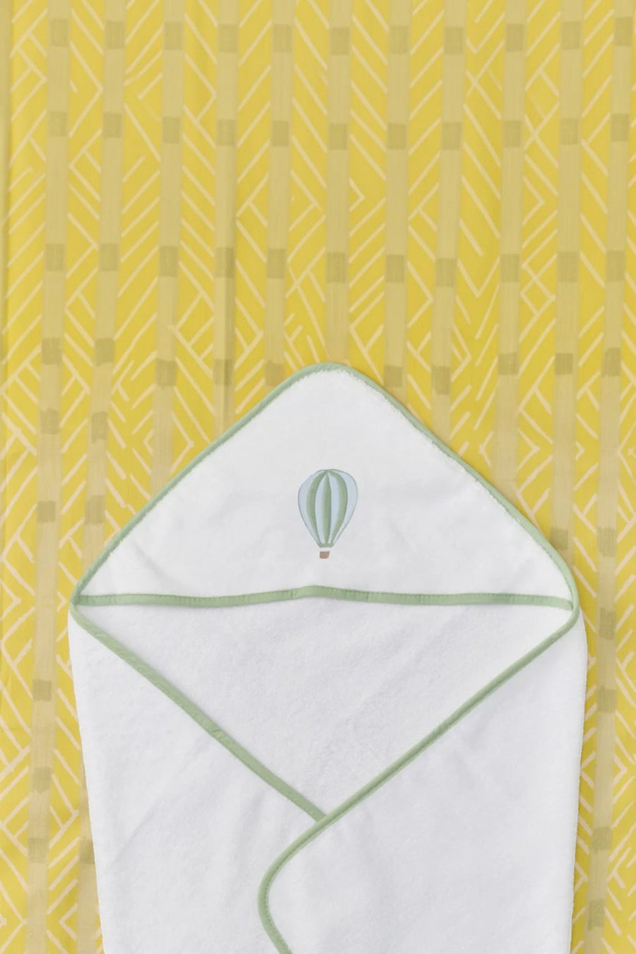 Weezie Ballon baby hooded towel in white organic cotton with blue piped details, alternate view 3