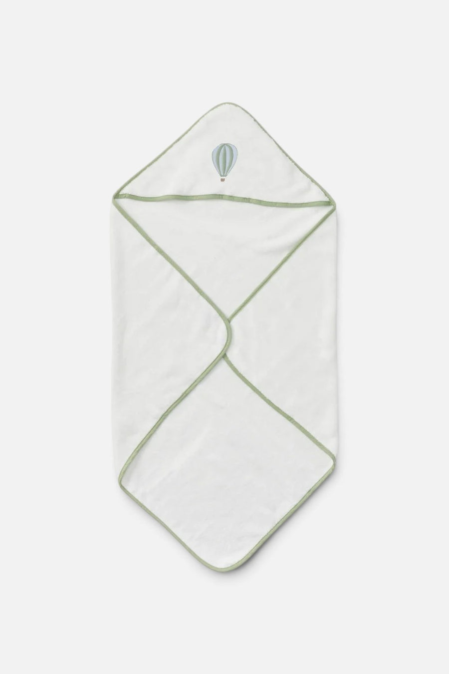 Weezie Ballon baby hooded towel in white organic cotton with blue piped details