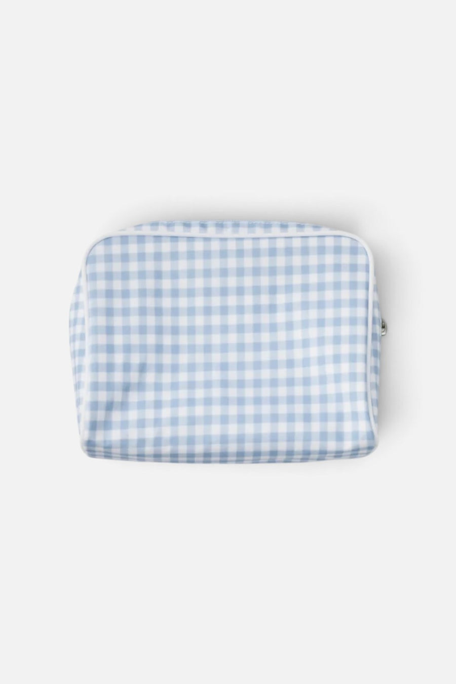 Weezie gingham toiletry bag in light blue, front view.