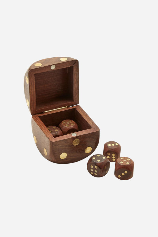 Wood Crafted Dice Box with 6 Dice - Acacia Wood/Brass