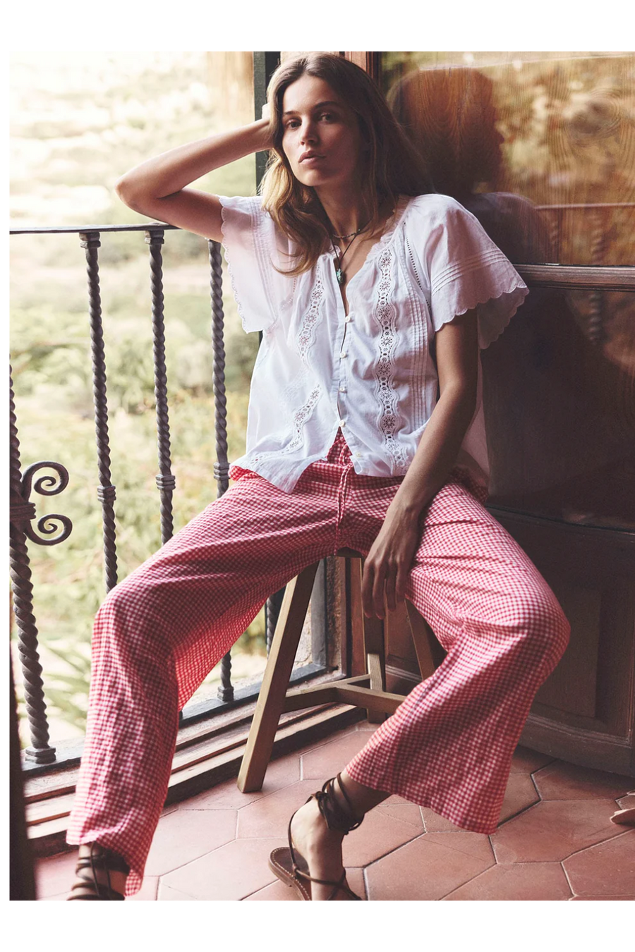 Xirena Olson Gingham Check Pant in Cherry Red