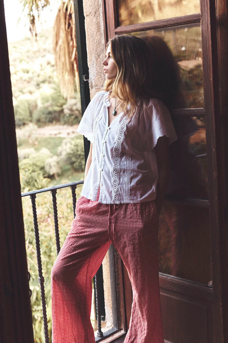 Xirena Olson Gingham Check Pant in Cherry Red