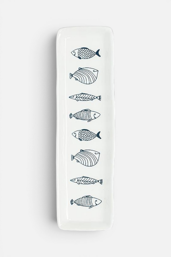 Abbott Fish Long Slim Plate in White and Blue