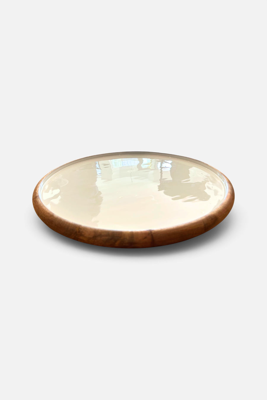 Acacia and Enamel Lazy Susan in White, 15x15 – front view