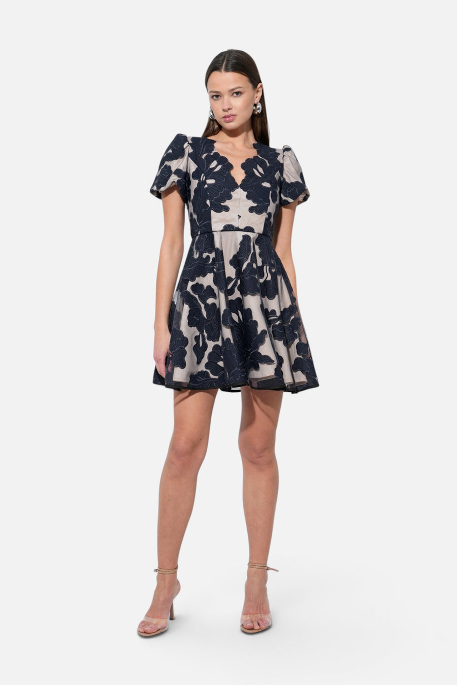 Adelyn Rae Agnes Burnout Puff Sleeve Mini Dress in Navy – back view