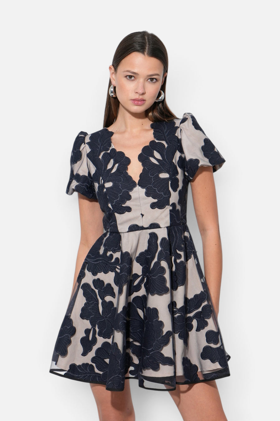 Adelyn Rae Agnes Burnout Puff Sleeve Mini Dress in Navy – front view