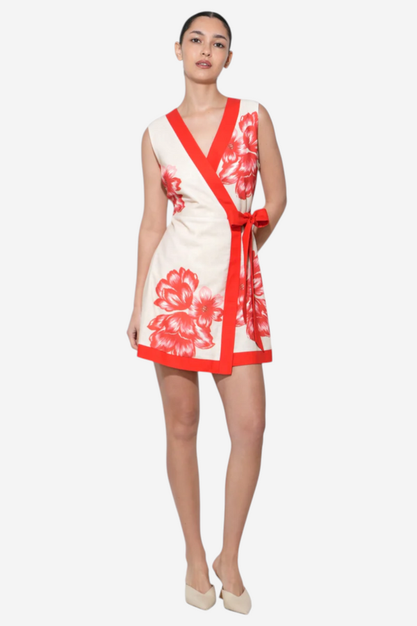 Adelyn Rae Amara Faux Wrap Mini Dress in Cream & Red