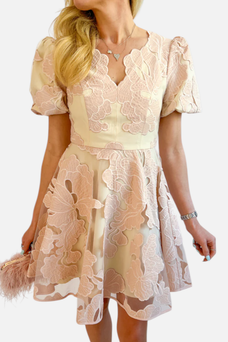 Adelyn Rae Ariana Bubble Sleeve Mini Dress in Blush – back view