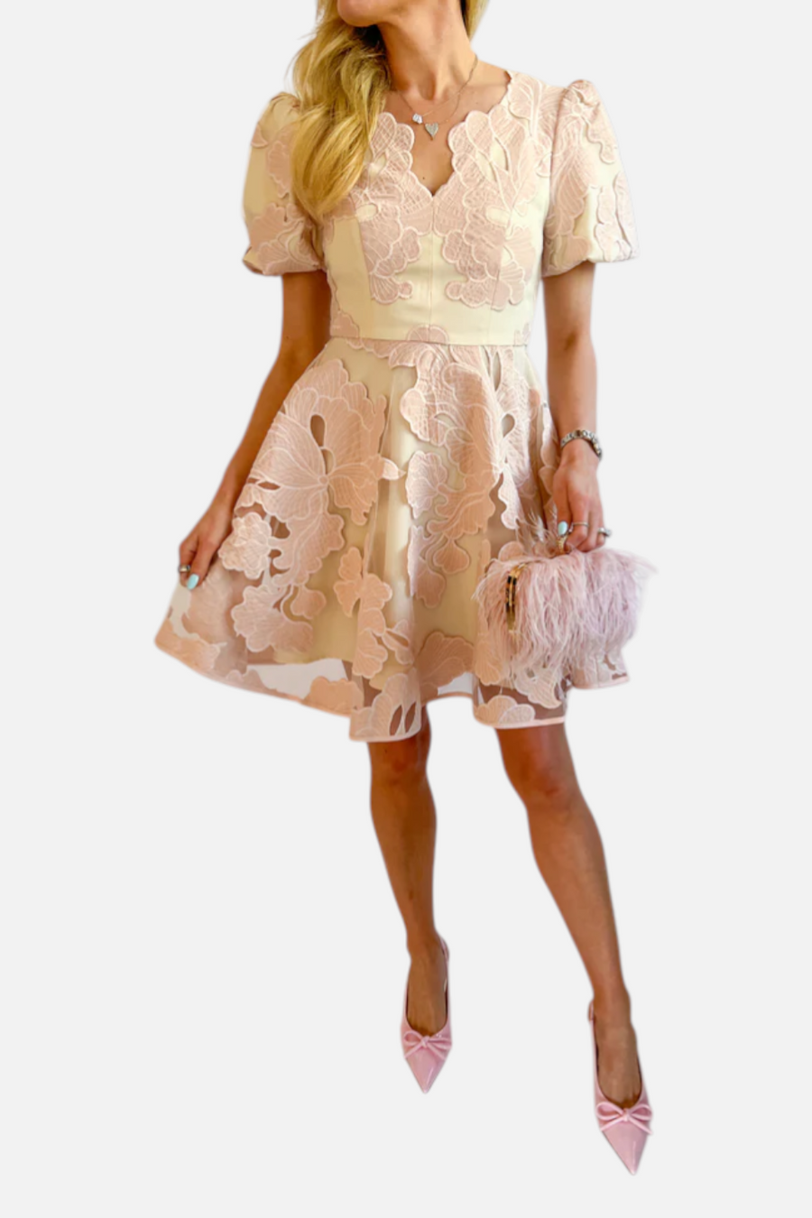 Adelyn Rae Ariana Bubble Sleeve Mini Dress in Blush – front view