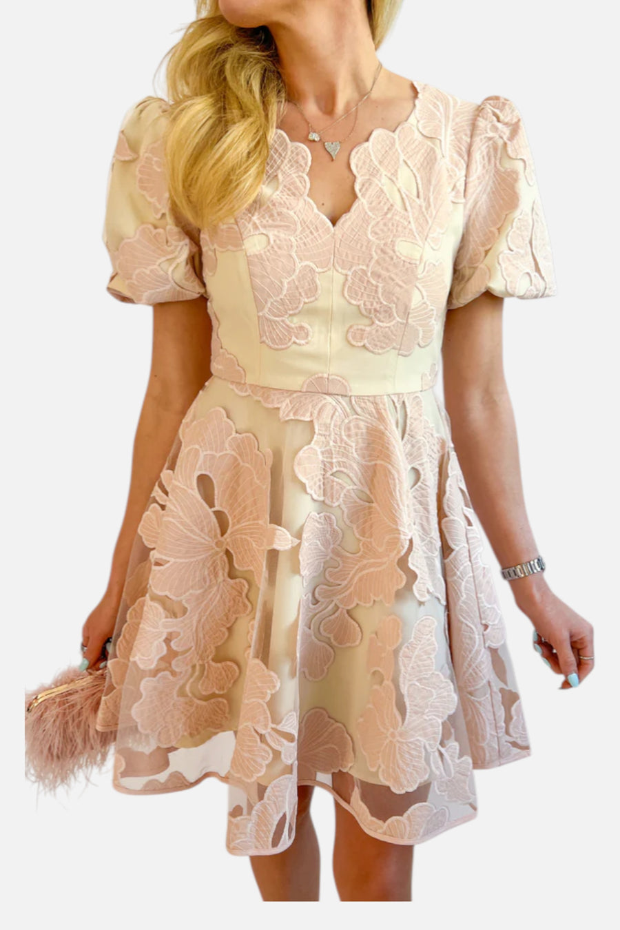 Adelyn Rae Ariana Bubble Sleeve Mini Dress in Blush – on model