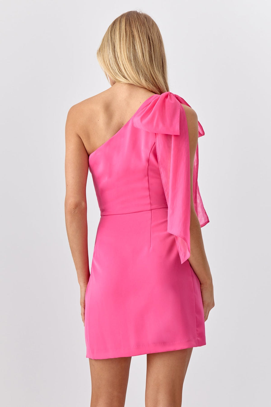 Adelyn Rae Avery One Shoulder Tie Mini Cocktail Dress in Magenta – flat lay