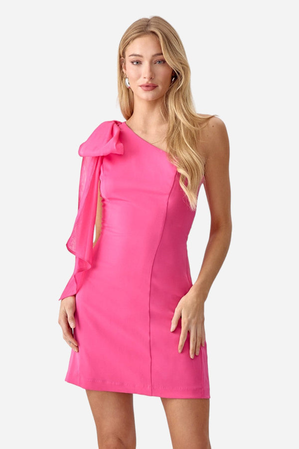 Adelyn Rae Avery One Shoulder Tie Mini Cocktail Dress in Magenta