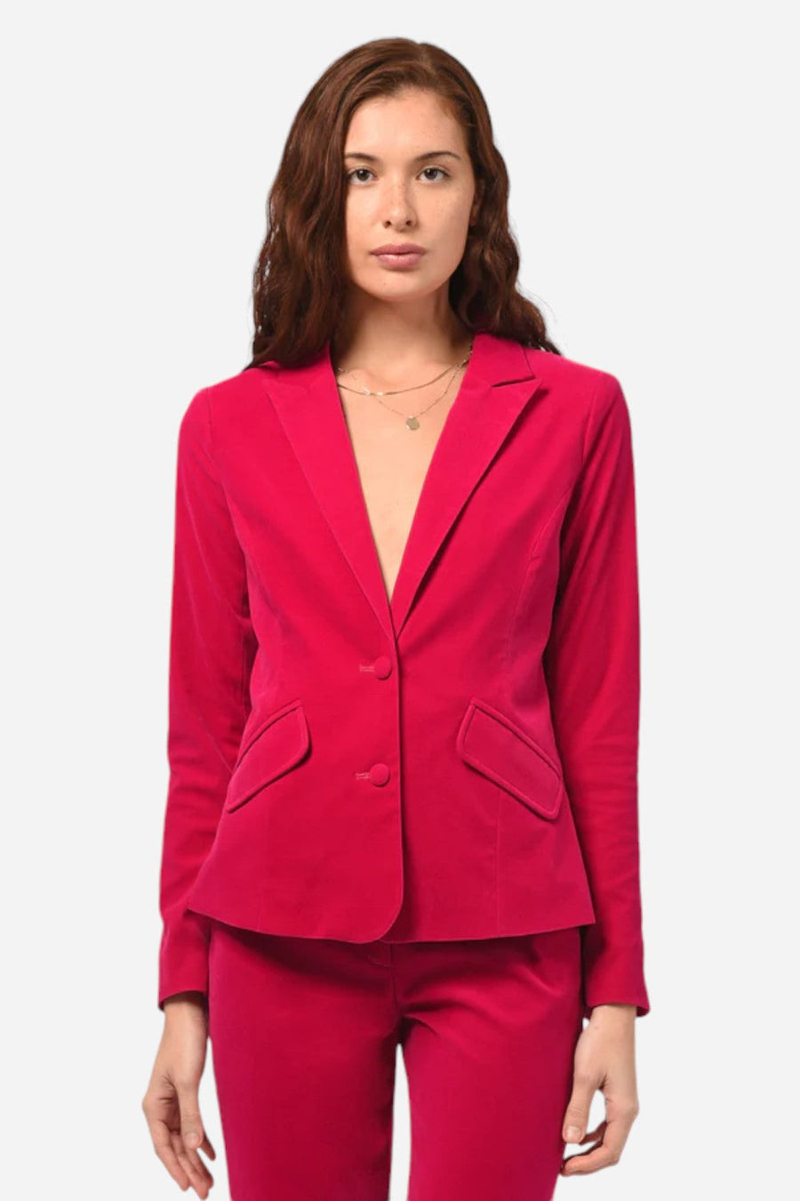 Adelyn Rae Bella Velvet Blazer Fuchsia – back view