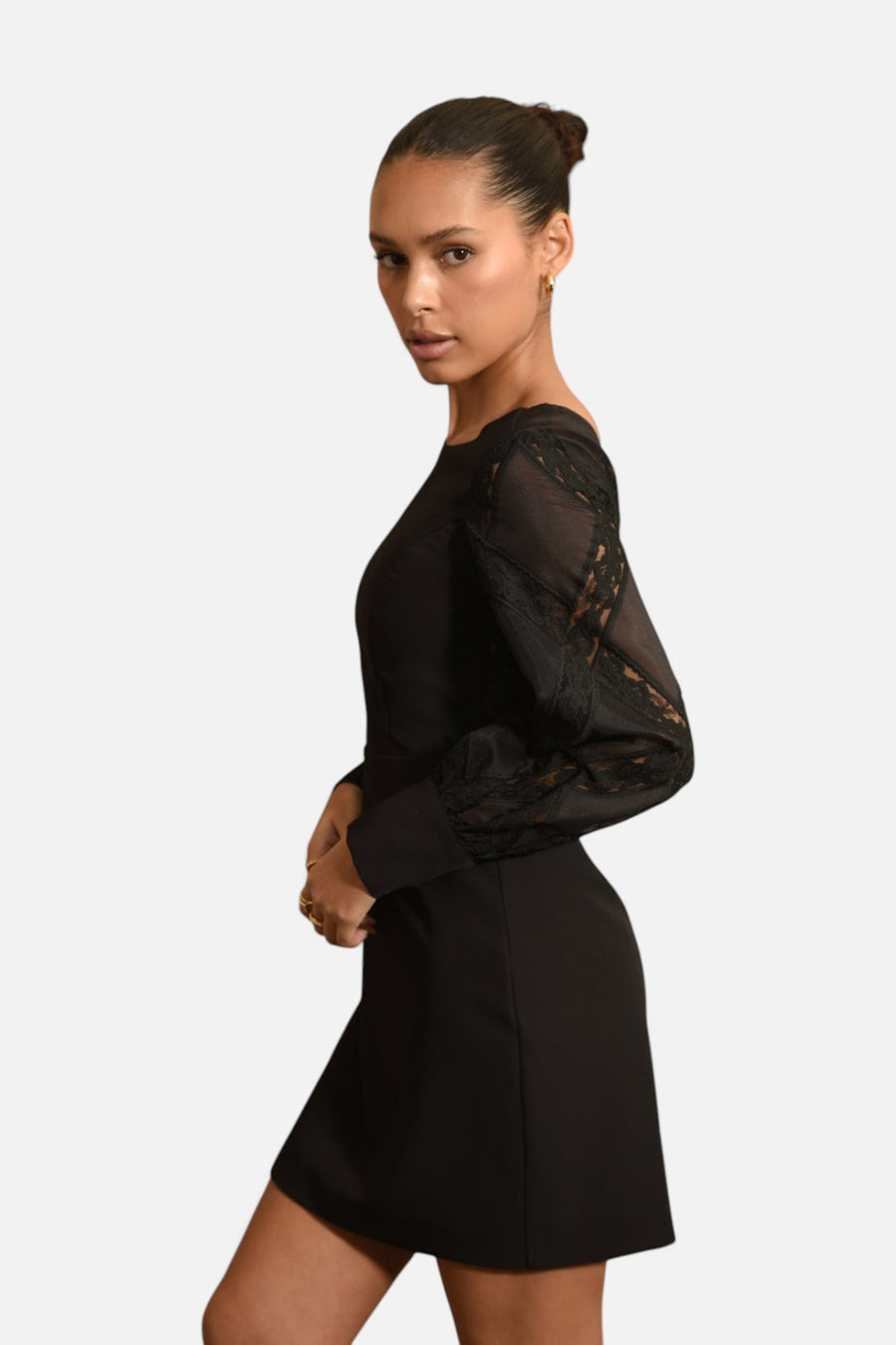 Adelyn Rae Bridgette Lace Mini Dress in Black – detail