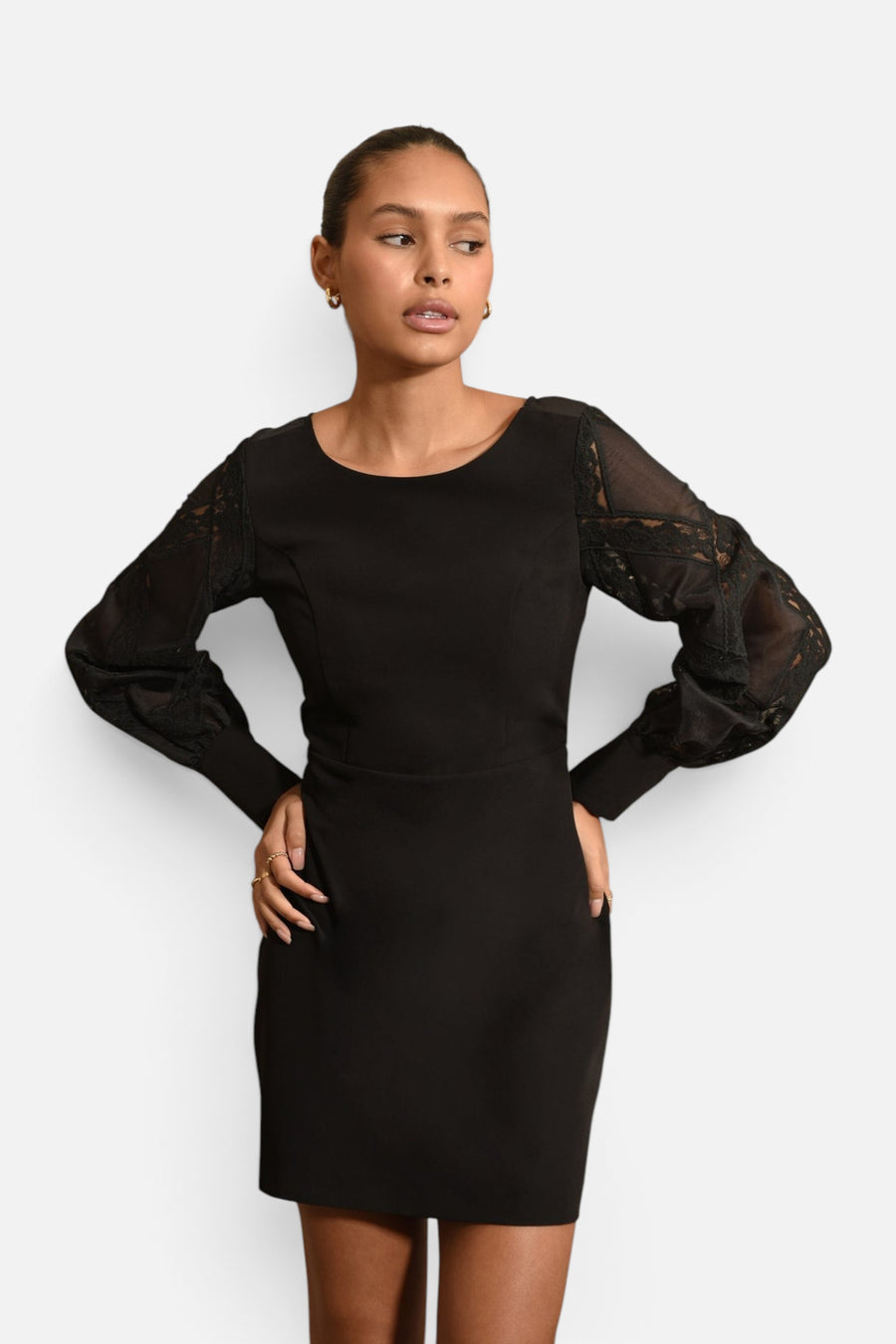 Adelyn Rae Bridgette Lace Mini Dress in Black – flat lay