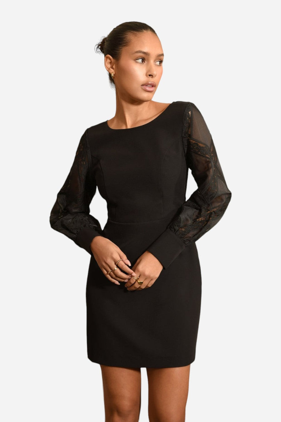 Adelyn Rae Bridgette Lace Mini Dress in Black – side view