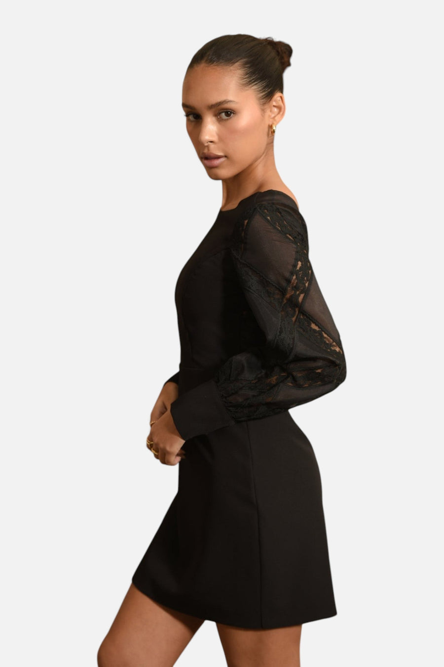 Adelyn Rae Bridgette Lace Mini Dress in Black – side view