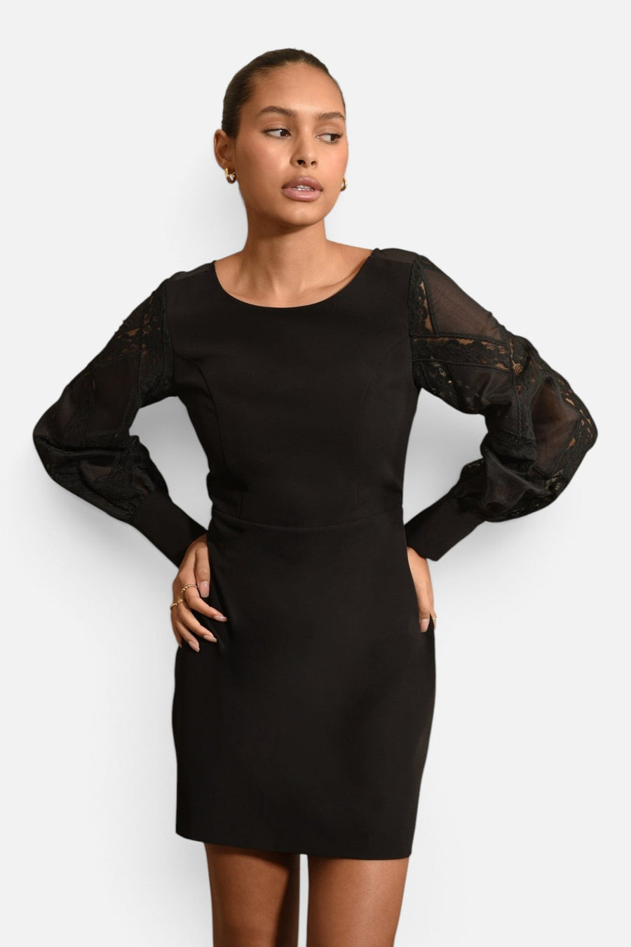Adelyn Rae Bridgette Lace Mini Dress in Black – side view