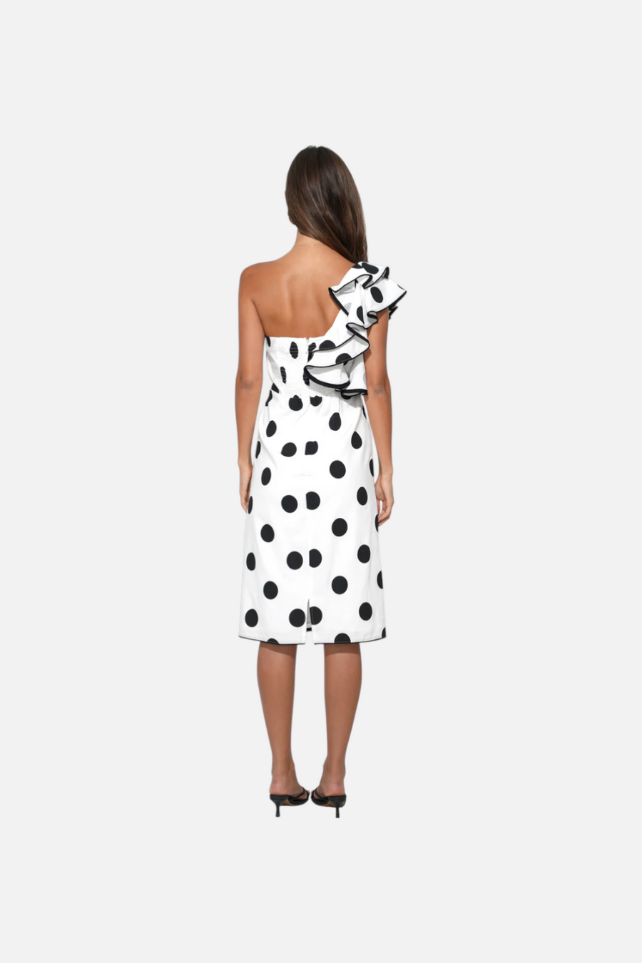 Adelyn Rae Caitlyn One Shoulder Ruffle Linen Dot Midi Dress – back view