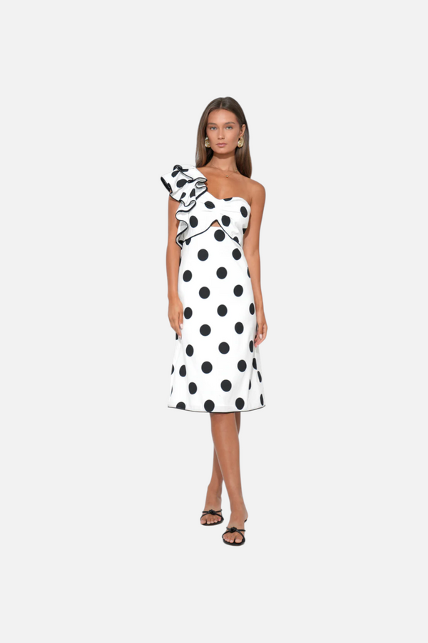Adelyn Rae Caitlyn One Shoulder Ruffle Linen Dot Midi Dress
