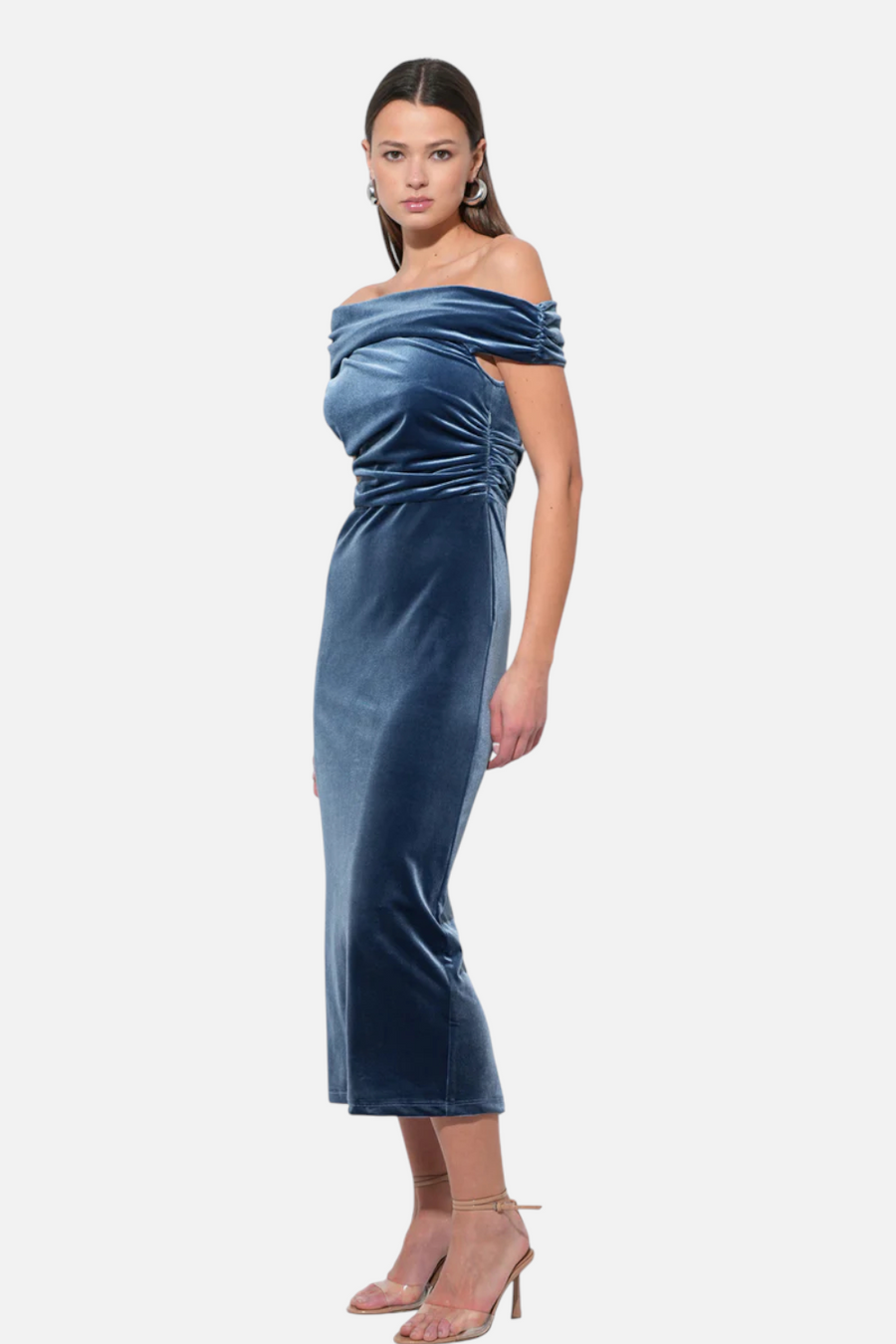 Adelyn Rae Casette Off Shoulder Velvet Midi Dress in Icy Blue – back view
