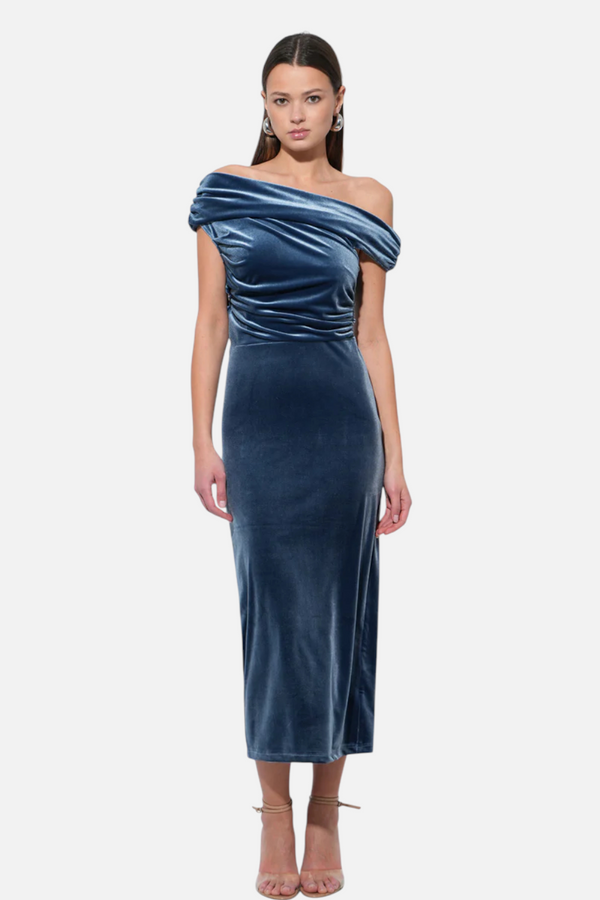 Adelyn Rae Casette Off Shoulder Velvet Midi Dress in Icy Blue
