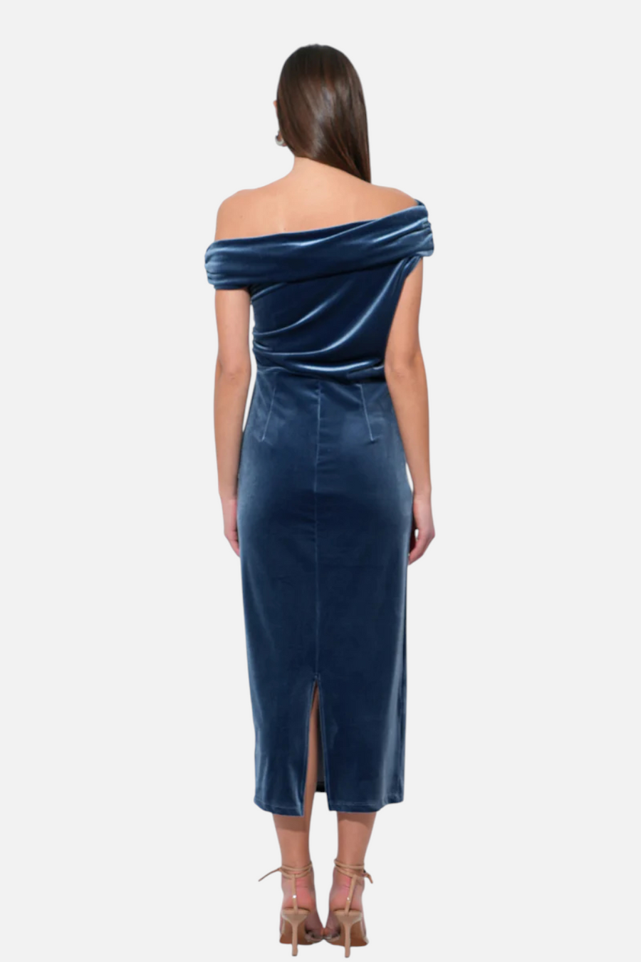 Adelyn Rae Casette Off Shoulder Velvet Midi Dress in Icy Blue – side view