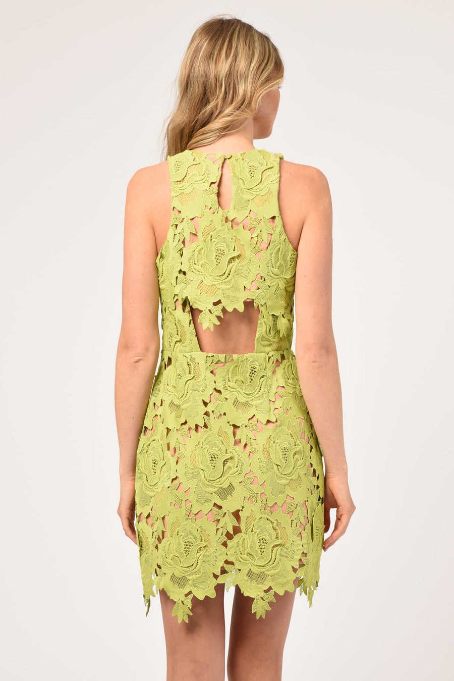 Adelyn Rae Cassie 3D Crochet Mini Dress in Lime Green – detail