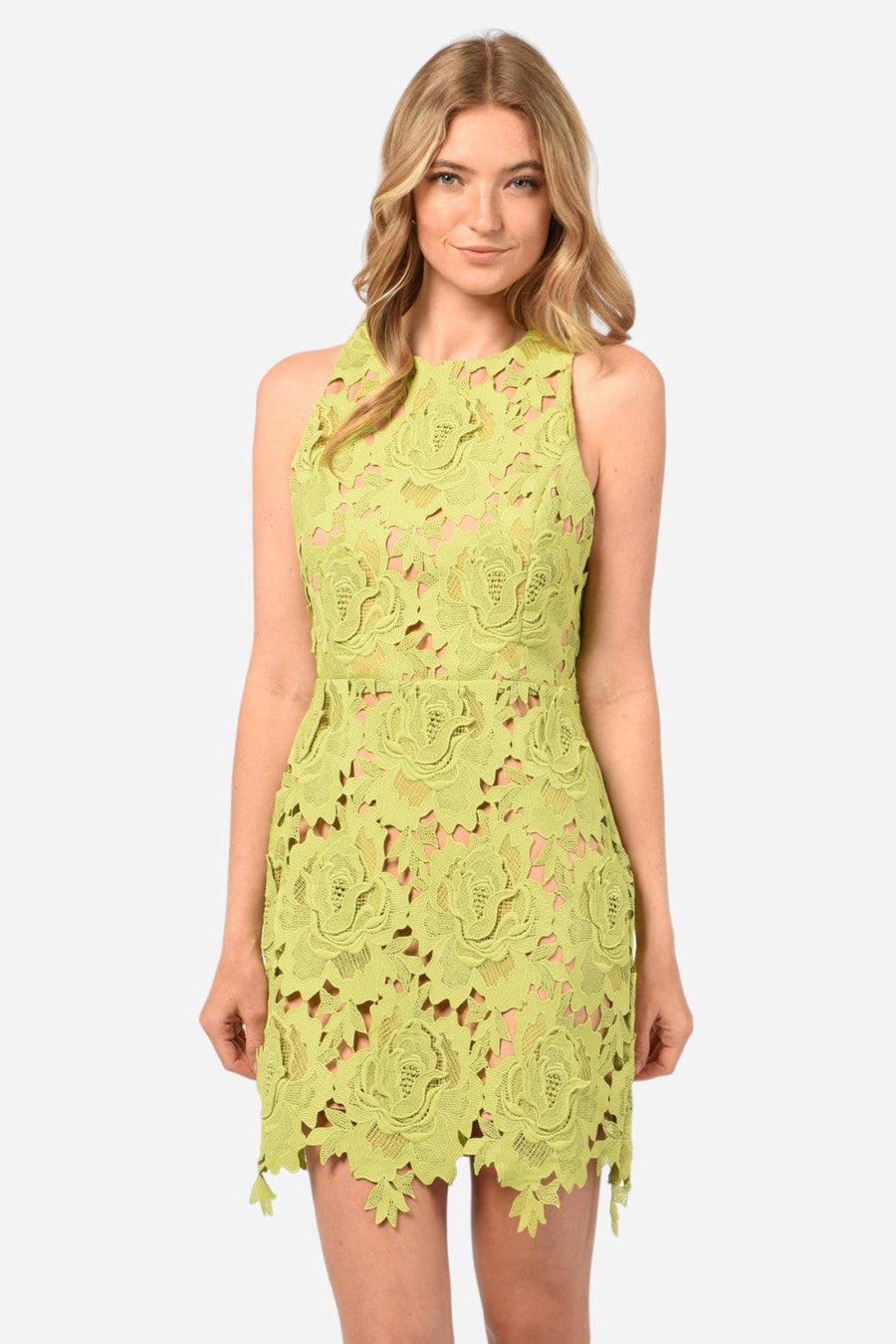 Adelyn Rae Cassie 3D Crochet Mini Dress in Lime Green – front view