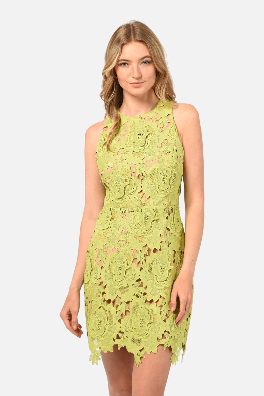 Adelyn Rae Cassie 3D Crochet Mini Dress in Lime Green – on model