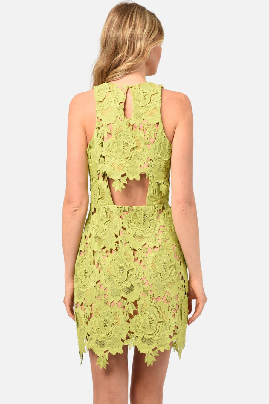Adelyn Rae Cassie 3D Crochet Mini Dress in Lime Green – on model